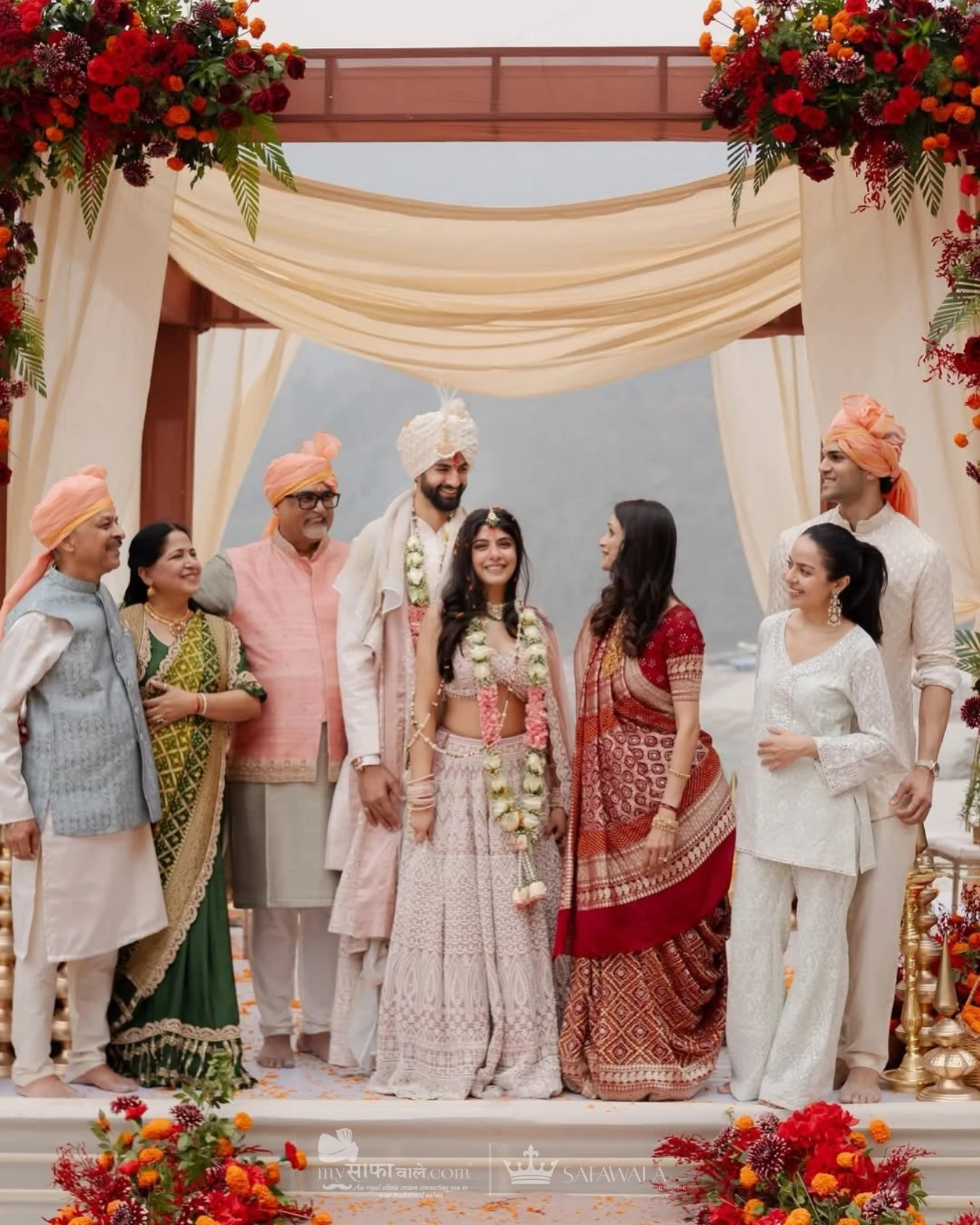 Royal red wedding safa and embroidered groom styling for Bel Air